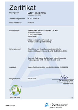 [Translate to German (Austria) (de_AT):] Zertifikat IATF 16949 MENNEKES
