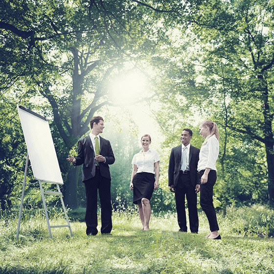 [Translate to German (Austria) (de_AT):] Vier Personen schauen auf ein Flipchart