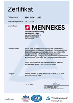[Translate to German (Austria) (de_AT):] Zertifikat ISO 14001 MENNEKES