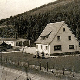 Ein Wohnhaus mit großem Vorgarten und einem Wald im Hintergrund