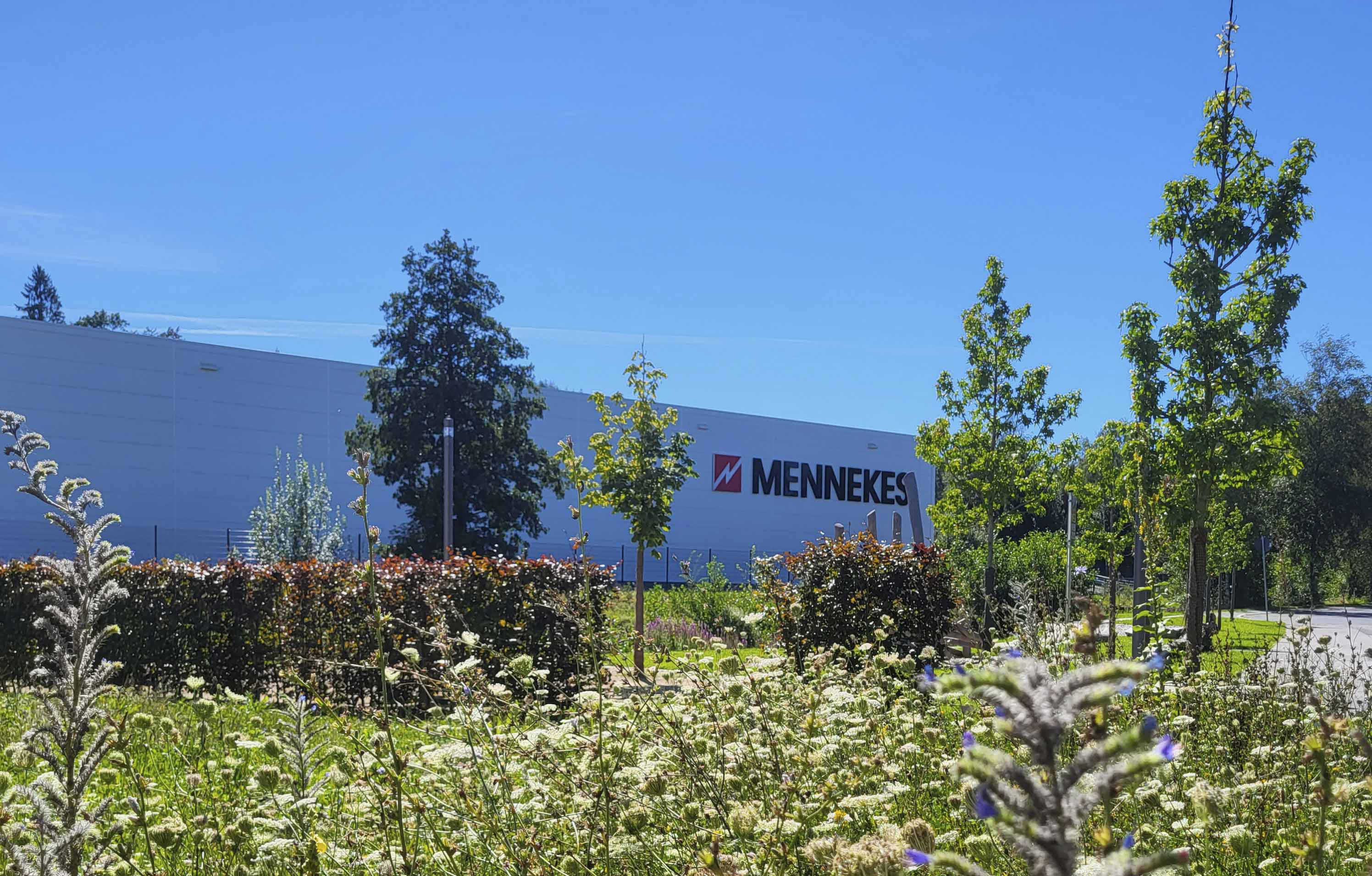 Klima- und Umweltschutz Wildblumenwiese mit Bäumen vor MENNEKES-Werkhalle unter wolkenlosem Himmel.