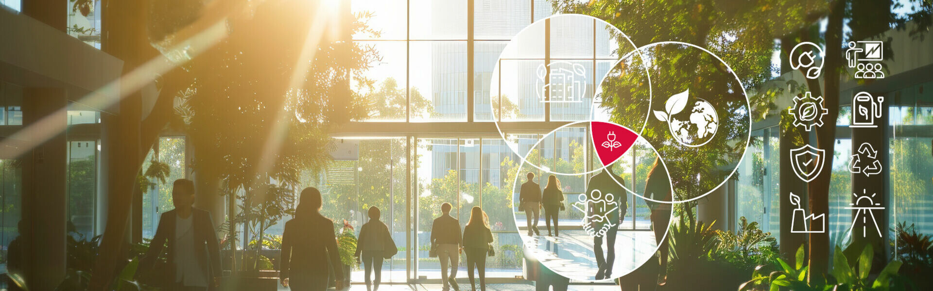 Drei überlappende Kreise mit Icons für Umwelt, Gesellschaft und Energie, rotes Schnittfeld.