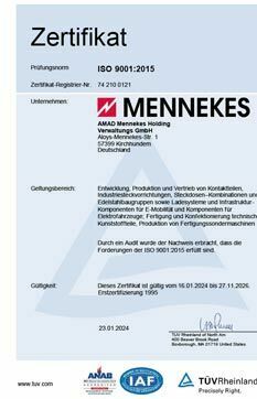 [Translate to German (Austria) (de_AT):] Zertifikat ISO 9001 MENNEKES